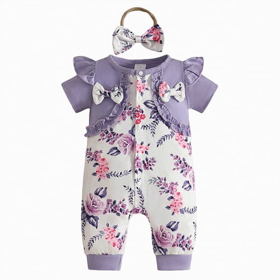 mgoYE Newborn Baby Girl Summer Clothes Floral Print Short Sleeve Bubble Romper Bow Shorts Jumpsuit Infant Outfit 0 3 6 9 12 18 Months(Purple,9-12 Months)