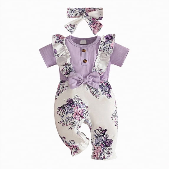 mgoYE Newborn Baby Girl Summer Clothes Floral Short Sleeve Bubble Romper Bow Shorts Jumpsuit Infant Outfit 0 3 6 9 12 18 Months(Purple,3-6 Months)