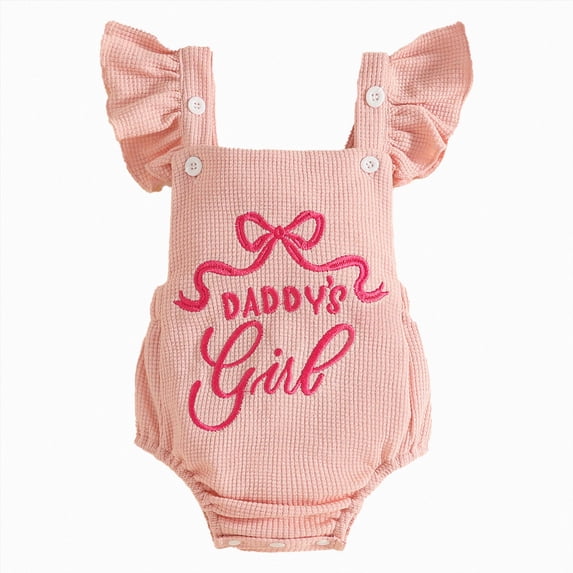 mgoYE Newborn Baby Girl Summer Outfit Romper Daddy's Girl Embroidery Ruffled Collar Jumpsuit Infant Waffle Clothes Size 6-12 Months Pink