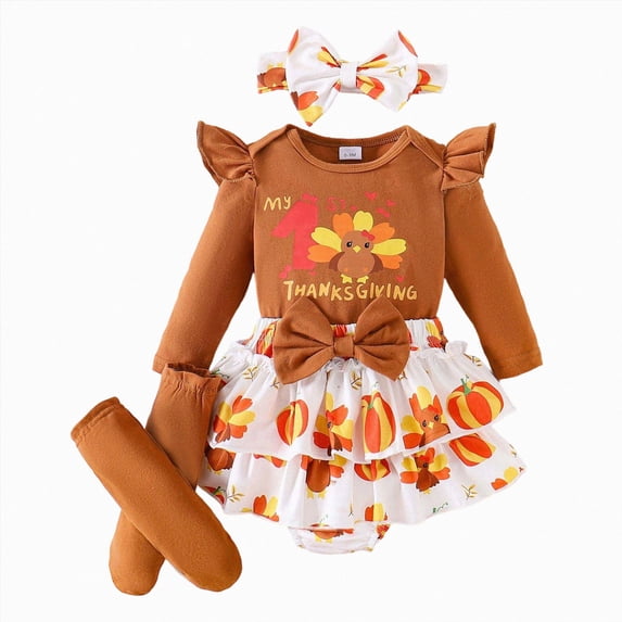 mgoYE Newborn Baby Girl Thanksgiving Outfit Romper+Bloomers Tutu Skirt+Socks+Headband Set
