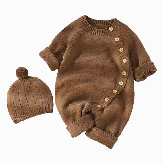 mgoYE Newborn Baby Girls Boys Sweater Jumpsuit Winter Knit Romper Hat Button Solid Bodysuit Jumpsuit Hat 2pcs Outfit 3-6 Months