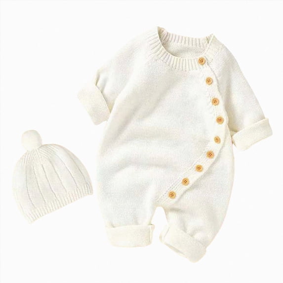 mgoYE Newborn Baby Girls Boys Sweater Jumpsuit Winter Knit Romper Hat Button Solid Bodysuit Jumpsuit Hat 2pcs Outfit 9-12 Months