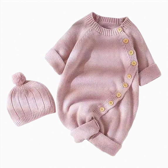 mgoYE Newborn Baby Girls Boys Sweater Jumpsuit Winter Knit Romper Hat Button Solid Bodysuit Jumpsuit Hat 2pcs Outfit 9-12 Months