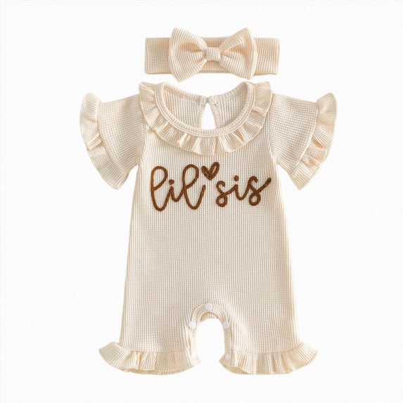 mgoYE Newborn Baby Girls Little Sister Outfit Waffle Knit Ruffle Romper Little Sis Letter Embroidery Short Sleeve Infant Bodysuit Jumpsuit Headband Cute Baby Girl Summer Clothes