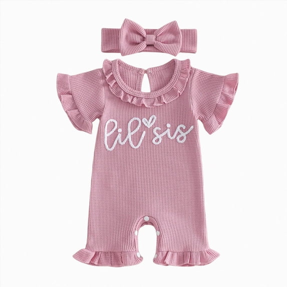 mgoYE Newborn Baby Girls Little Sister Outfit Waffle Knit Ruffle Romper Little Sis Letter Embroidery Short Sleeve Infant Bodysuit Jumpsuit Headband Cute Baby Girl Summer Clothes