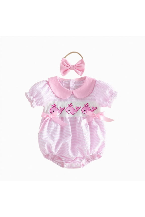 Newborn Baby Girls Smocked Bubble Romper 0 3 6 12 18 24 Months Cute Embroidery Ruffled Gingham Bodysuit Dress Infant Toddler Summer Clothes(Pink,0-3 Months)