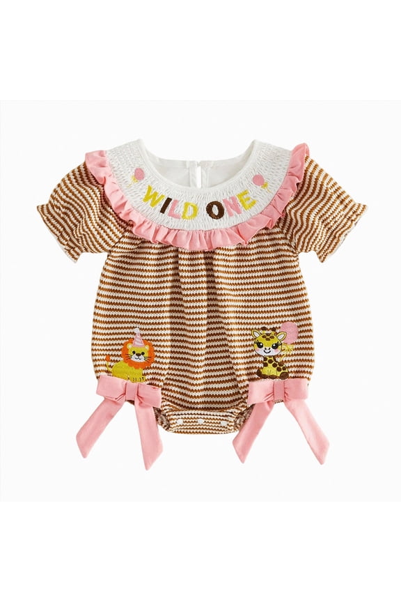 Newborn Baby Girls Smocked Bubble Romper 6-12 Months Cute Embroidery Ruffled Gingham Bodysuit Birthday Dress Infant Toddler Summer Clothes Coffee