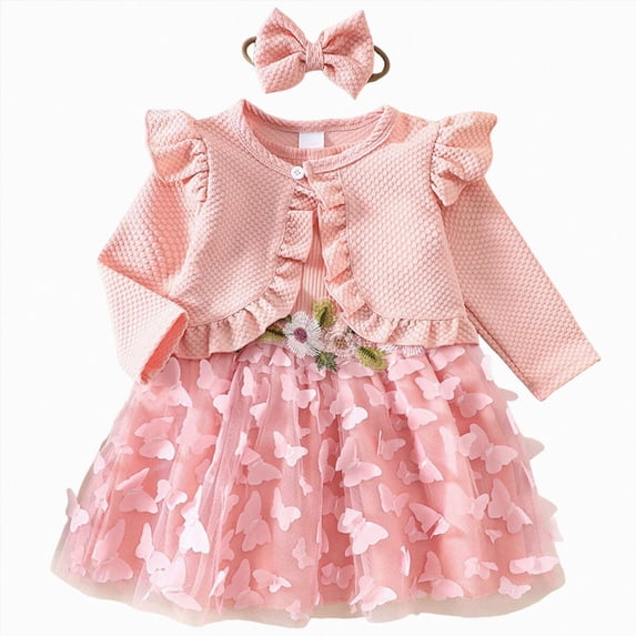 mgoYE Newborn Baby Girls Tutu Dress Flower Butterfly Tulle Fairy Dress Cardigan Headband Set for Toddler Long Sleeve Party 3 Piece Outfit Set Size 12-18 Months Pink