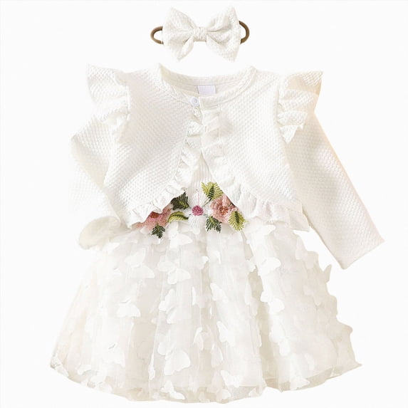 mgoYE Newborn Baby Girls Tutu Dress Flower Butterfly Tulle Fairy Dress Cardigan Headband Set for Toddler Long Sleeve Party 3 Piece Outfit Set Size 6-9 Months White