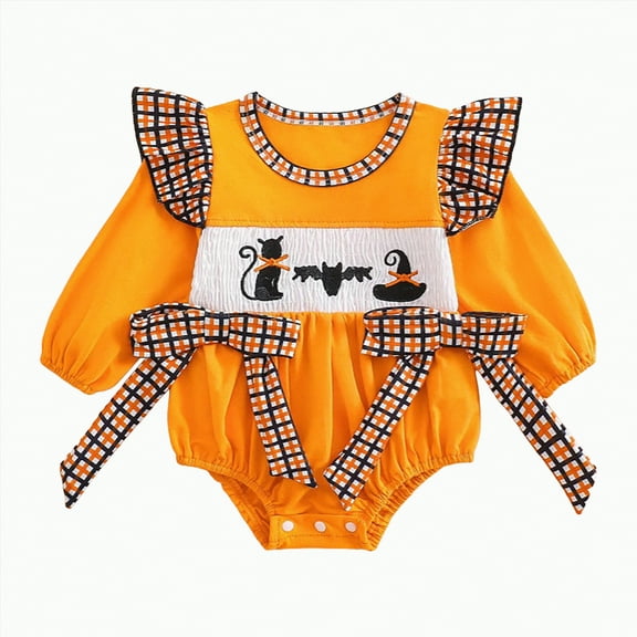 mgoYE Clothes My First Halloween Baby Girl Outfit Pumpkin Embroidery Bubble Romper Short Sleeve Bow Jumpsuit Smocked Clothes|Orange 0-3 Months