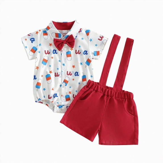 mgoYE Newborn Infant Baby Boy 4th of July Outfit 6-12 Months USA Short Sleeve Button Shirt Romper Suspender Shorts Set White