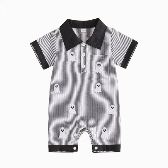 mgoYE Newborn Infant Baby Boy Halloween Outfit 3 6 12 18M Pumpkin/Ghost Romper One Piece Short Sleeve Button Onesie Clothes(Black,0-3 Months)