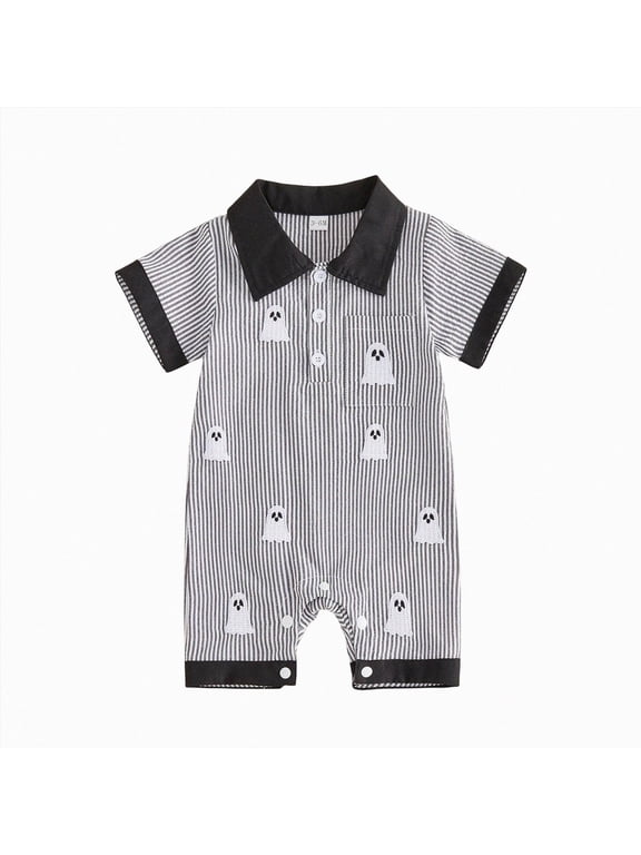 Newborn Infant Baby Boy Halloween Outfit 3 6 12 18M Pumpkin/Ghost Romper One Piece Short Sleeve Button Onesie Clothes(Black,12-18 Months)