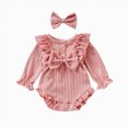 thumbnail image 1 of mgoYE Newborn Infant Baby Girl Fall Winter Clothes Knit Ruffle Long Sleeve Bubble Romper Bodysuit One-Piece Outfit with Headband, 1 of 7