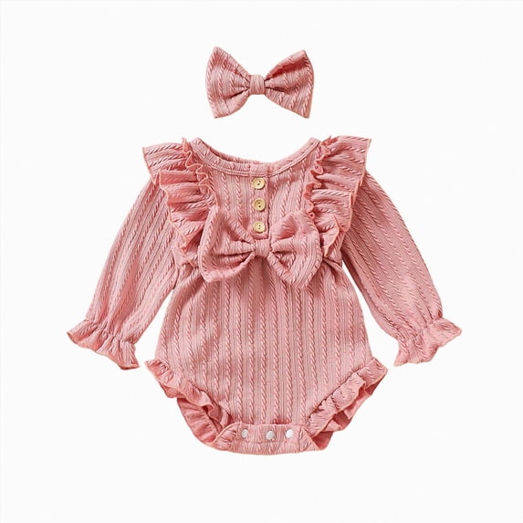 mgoYE Newborn Infant Baby Girl Fall Winter Clothes Knit Ruffle Long Sleeve Bubble Romper Bodysuit One-Piece Outfit with Headband