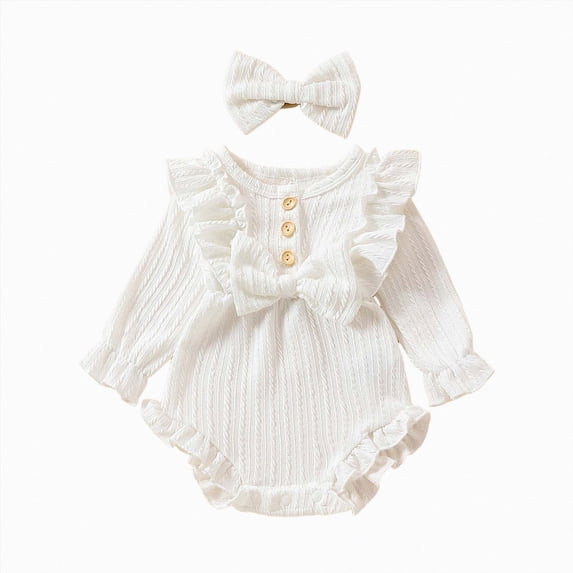 mgoYE Newborn Infant Baby Girl Fall Winter Clothes Knit Ruffle Long Sleeve Bubble Romper Bodysuit One-Piece Outfit with Headband