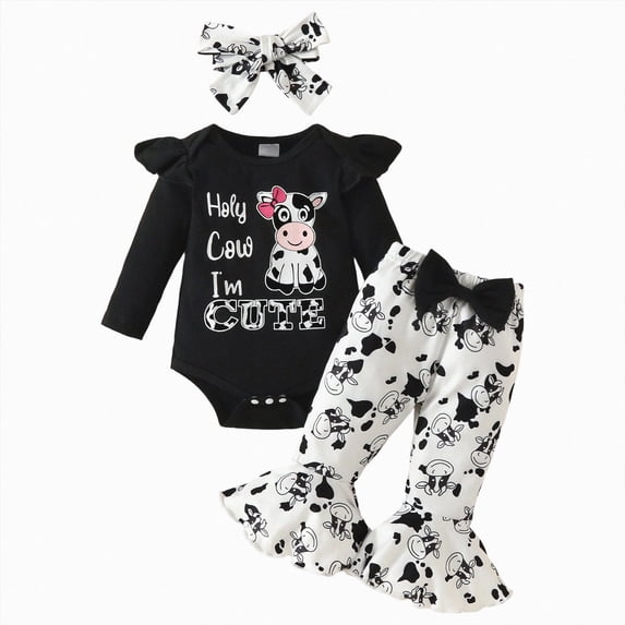 mgoYE Newborn Infant Girl Clothes Rib Knit Romper Cow Print Pants Headband Baby Clothes for Girls 0 3 6 12 18 Months(Black,3-6 Months)