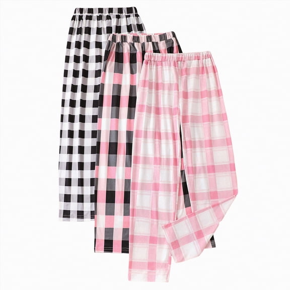 mgoYE Pajama Pants for Gir'ls 3 Pack Long Sleep Plaid Pants Soft Lounge Pj Bottoms with Pockets(Pink,11Y-12Y)