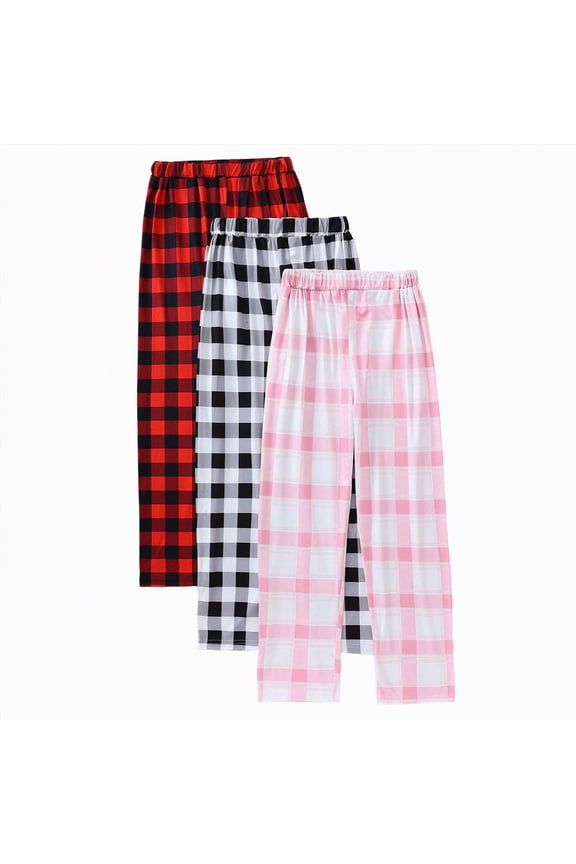 Pajama Pants for Gir'ls 3 Pack Long Sleep Plaid Pants Soft Lounge Pj Bottoms with Pockets(Red,8-9 Years)