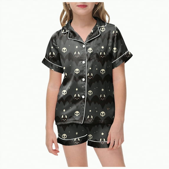 mgoYE Pajamas for Teens Girls Satin Pajama Set Halloween Pumpkin Ghost Print Shirts and Shorts Short Sleeve Button Soft 2 Piece Outfits|Grey 8-9 Years