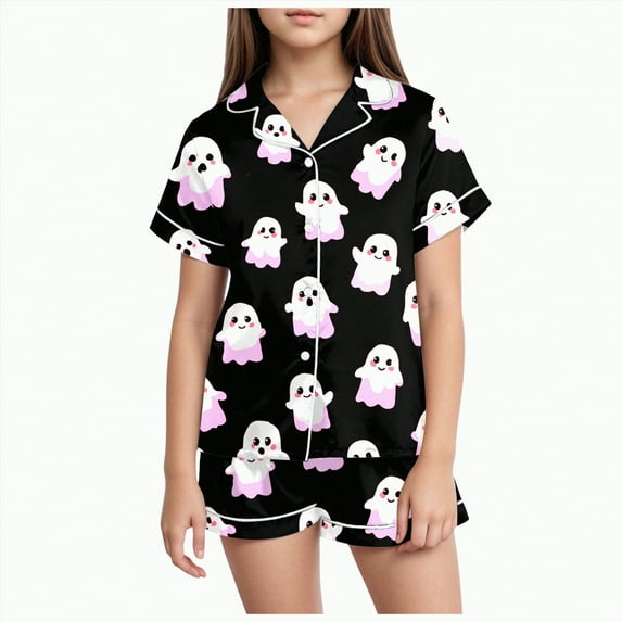 mgoYE Pajamas for Teens Girls Satin Pajama Set Halloween Pumpkin Ghost Print Shirts and Shorts Short Sleeve Button Soft 2 Piece Outfits|Light Pink 8-9 Years