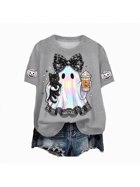 Plus Size Halloween Shirts for Women Halloween Shirts Crew Neck Loose Tee Tunic Tops Women T Shirts XL