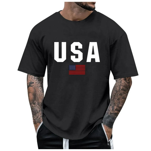 mgoYE Red White and Blue American Flag Tee Men Shirt American Flag Country Music Concert Vintage Tee Tops Black-L