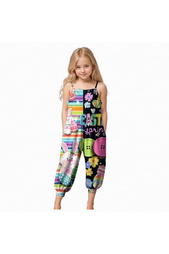 Rompers for Girls Girls' Easter Sleeveless Jumpsuits Spaghetti Strap Loose Romper Long Pants with Pockets(Light Green,5-6 Years)