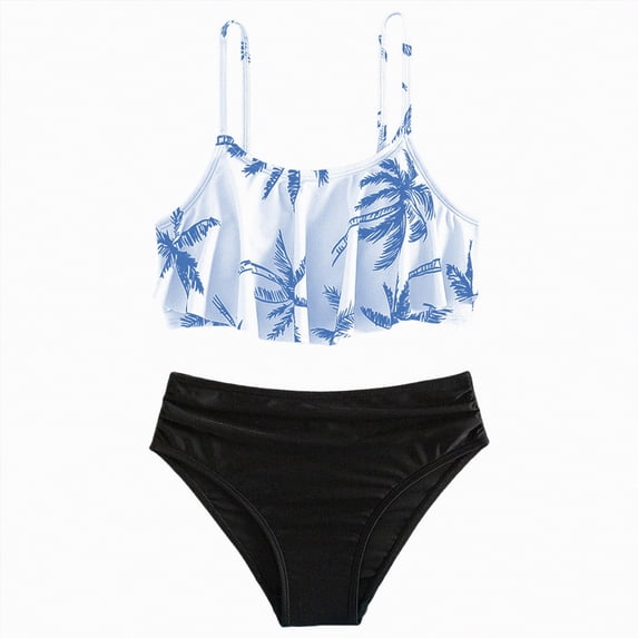mgoYE Swimsuit for Girls 10 12 Girls Swimsuit Bikini Set 2 Piece Bathing Suit Ruffled Contrast Trim Adjustable Straps Girls Swimwear(Blue,11-12 Years)
