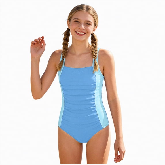 mgoYE Swimsuit for Girls Teen Girls Girl Swimsuit One Piece Bathing Suit for Girls Solid Color Ruched Adjustable Straps Padded Swimwear(Sky Blue,11-12 Years)