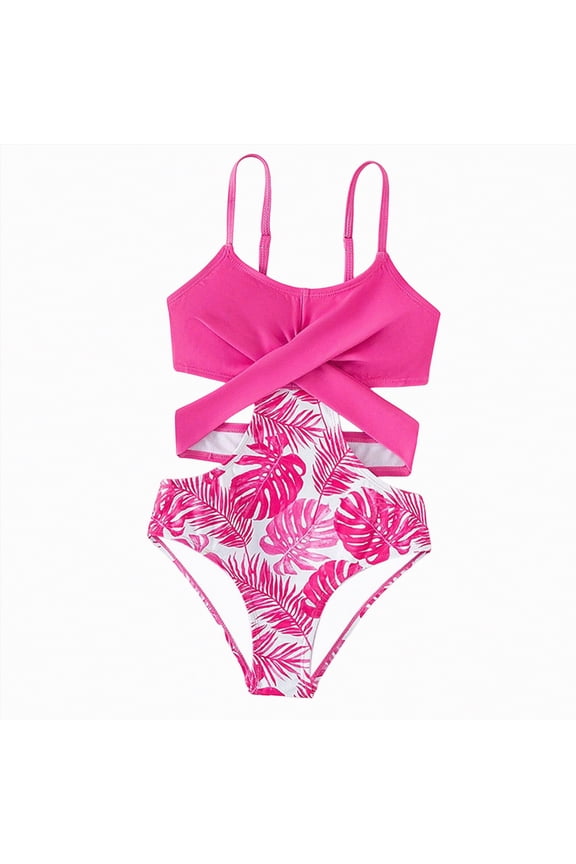 Swimsuit for Girls 8-10 Girls Swimsuit Criss Cross Cutout One Piece Bathing Suit Flower Pattern V Neck Swimwear 8-12Y(Hot Pink,11-12 Years)