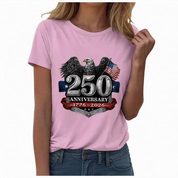 mgoYE T-Shirt for Women Graphic Womens 250 Years American Flag 250th Anniversary USA O-Neck T-Shirt(Pink,XL)