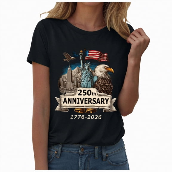 mgoYE T-Shirt for Women Graphic Womens 250th Anniversary Patriotic July 4th T-Shirt – USA 1776-2026 O-Neck T-Shirt(Black,S)
