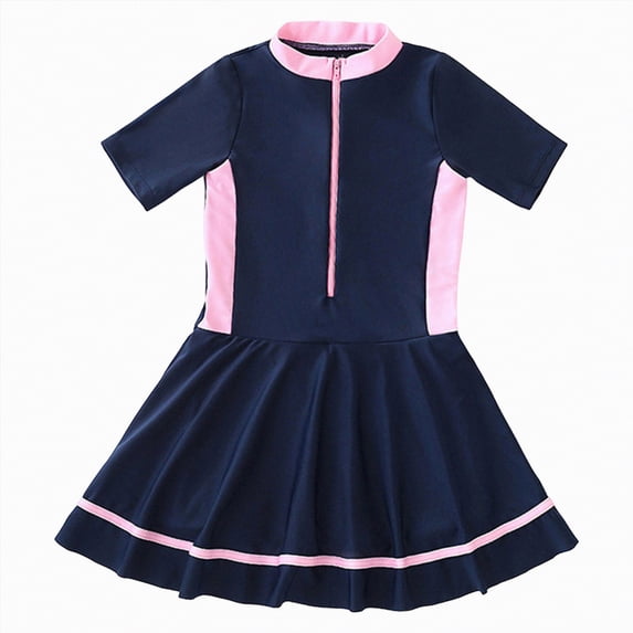 mgoYE Teen Girl Swimsuits Teen Girls One Piece Short Sleeve Swim Dress Rash Guard Bathing Suit Skirted Zip Front Swimwear 3-12t(Navy,11-12 Years)