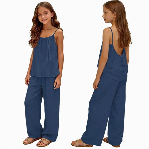 mgoYE Teen Girls Linen Set 2 Piece Outfit for Summer Sleeveless Cotton linen Camisole Tops Baggy Wide Leg Pant 3T 4T 5T 6T 7T 8T 9T 10T 11T 12T 13T 14T Size 7-8 Years