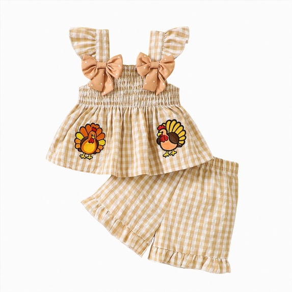 mgoYE Thanksgiving Toddler Girl Outfit Ruffle Shirt Tops Dress Shorts Set Plaid Tank Top Shorts Set,Cute Baby Girl Clothes