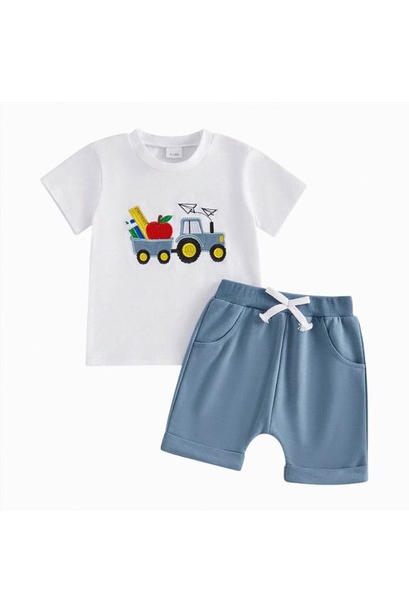 Toddler Baby Boy Back to School Outfit 12 18 24 Months 2T 3T 4T Clothes Short Sleeve Apple Shirts + Shorts(White,18-24 Months)
