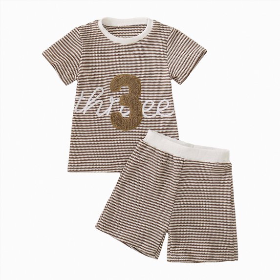 mgoYE Toddler Baby Boy Birthday Outfit Three Letter Embroidery Waffle T-shirt Top Jogger Shorts Summer Birthday Clothes(Brown,2-3 Years)