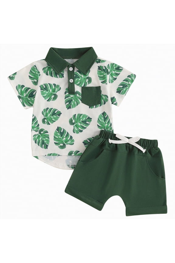 Toddler Baby Boy Clothes Tropical Vacation Summer Outfits Button Short Sleeves Hawaiian Beach Shirts & Shorts with Pockets(Dark Green,6-12 Months)