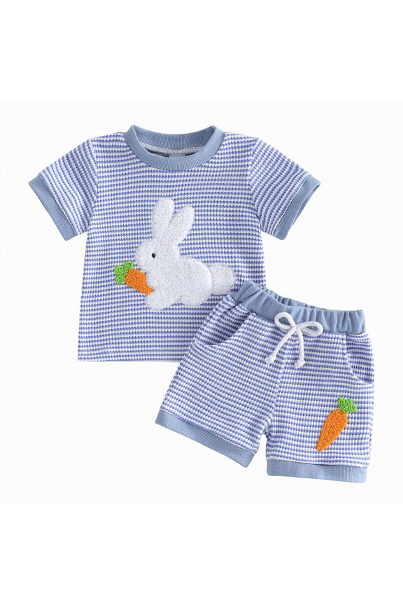 Toddler Baby Boy Easter Outfit Bunny Embroidered Short Sleeve T-Shirt Tops Plaid Shorts 2pcs Set Cute Infant Clothes(Blue,12-18 Months)