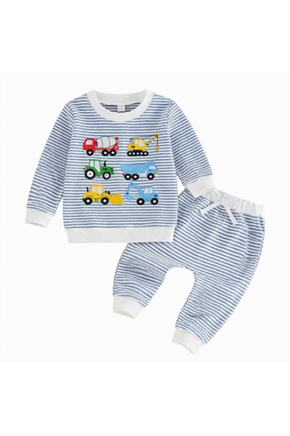 Toddler Baby Boy Fall Clothes Waffle Truck Embroidery Long Sleeve Sweatshirt and Joggers Pants Sets Winter Outfits(Blue,18-24 Months)