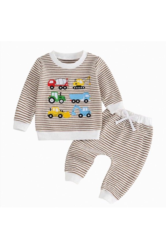 Toddler Baby Boy Fall Clothes Waffle Truck Embroidery Long Sleeve Sweatshirt and Joggers Pants Sets Winter Outfits(Khaki,12-18 Months)