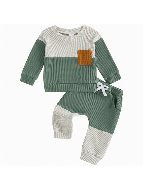 Toddler Baby Boy Fall Outfit 12-18 Months Contrast Color Sweatshirt Tops with Elastic Waist Pants Cute Infant Newborn Clothes Green