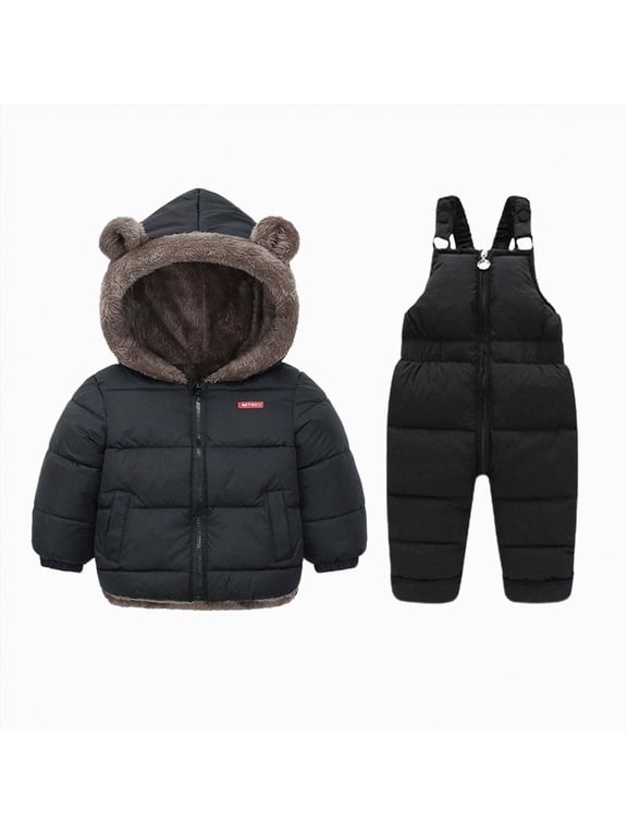 Toddler Baby Boy Girl Outfit Winter Coat Fleece Jackets with Overall Snow Pants Outwear Clothing Windproof(Black,12-18 Months)