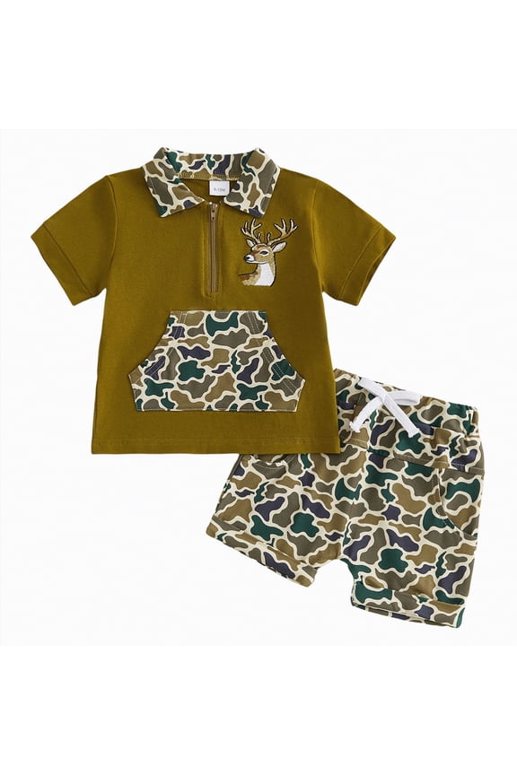 Toddler Baby Boy Hunting Outfit Deer Duck Jungle Camouflage Short Sleeve Zipper Tops Shorts Set Summer Clothes|Brown 6-12 Months
