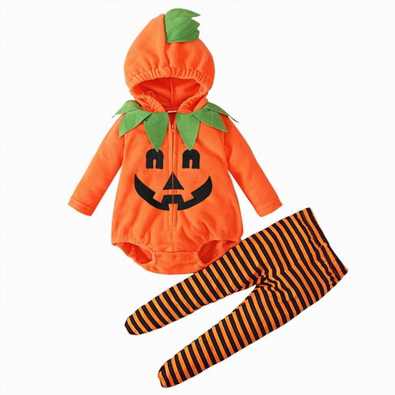 mgoYE Toddler Baby Boy Pumpkin Outfits Set My First Halloween Baby Boy Outfit Long Sleeve Pumpkin Romper Pants Set with Beanie Hat Boy Fall Clothes(Orange,18-24 Months)