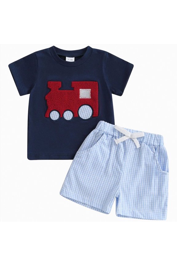 Toddler Baby Boy Summer Clothes Train Engine Embroidery Short Sleeve T Shirt Plaid Shorts Set Infant 2 Piece Outfit( Blue,3-4 Years)