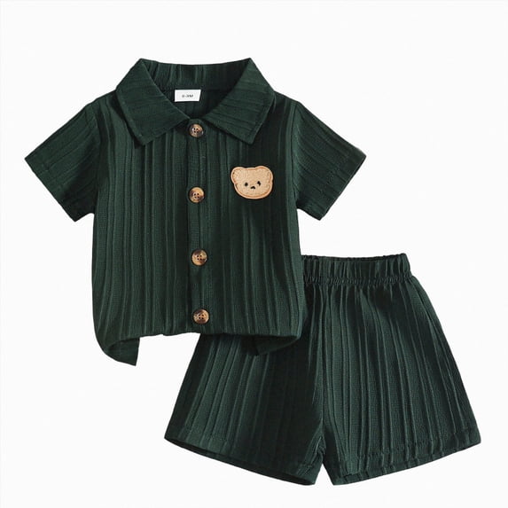 mgoYE Toddler Baby Boys Clothes 2-3 Years Summer Outfits Bear Pattern Button Shirt Shorts Set 2Pcs Boys Clothing Sets Dark Green