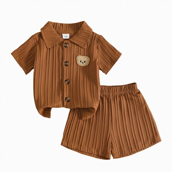mgoYE Toddler Baby Boys Clothes 9-12 Months Summer Outfits Bear Pattern Button Shirt Shorts Set 2Pcs Boys Clothing Sets Coffee