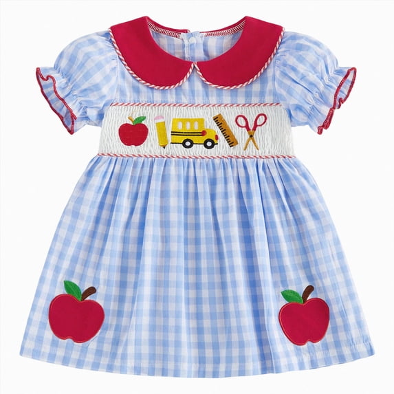 mgoYE Toddler Baby Girl Back to School Outfit Apple Sleeveless Dress Fly Sleeve Smocked Dresses Girls Summer Clothes(Blue,5-6 Years)
